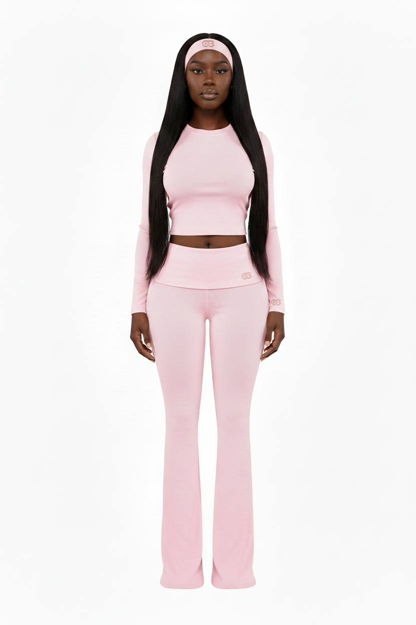 Baby pink ribbed outfit with tonal GB Studio logo