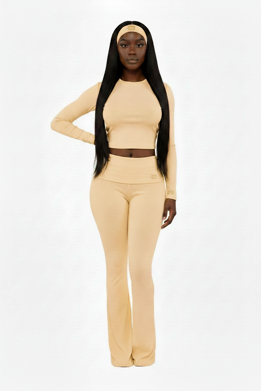 Buttery yellow ribbed outfit with tonal GB Studio logo