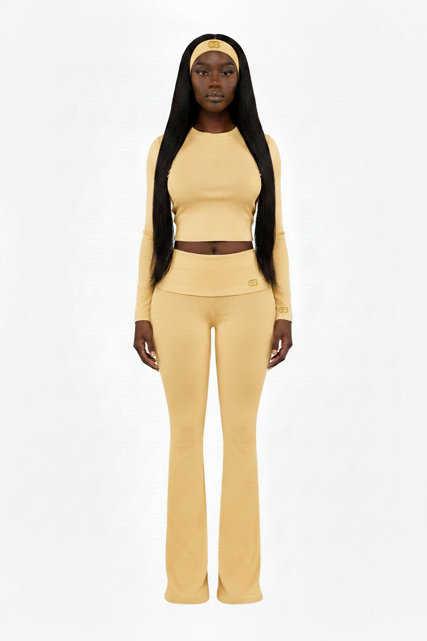 Buttery yellow ribbed set styled like reference photo