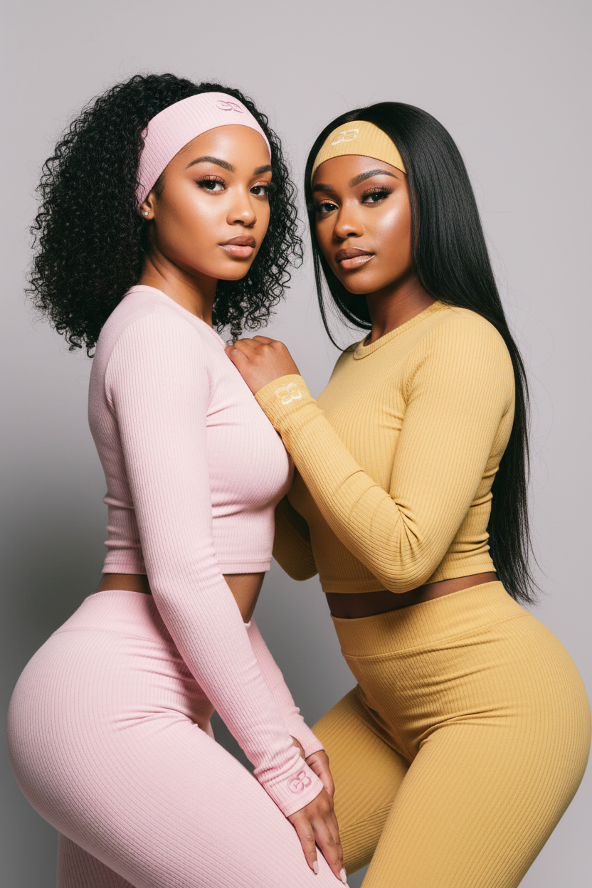 Two models in pink and yellow sets with editorial pose